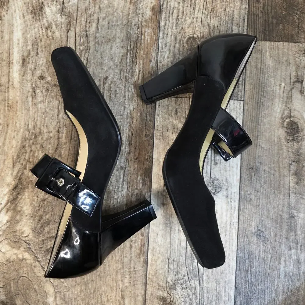 Mary Jane Black Franco Sarto Heels Pumps Panted Leather Suede Size 10 Goth